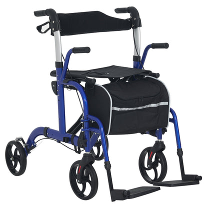 HOMCOM 2 in 1 Wheelchair Transport Chair & Folding Rollator Walker with Seat, Backrest, Footrest, Lightweight Walking Frame with Bag, Adjustable Height, 4 Wheeled Walker for Seniors, Pearl Blue 