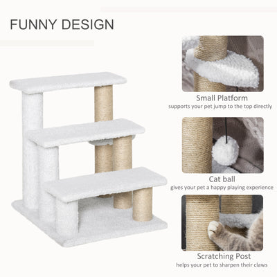 PawHut Pet Stair with 3-step Climb Ladder, Scratching Posts, Platforms, Toy Ball, for Indoor Elderly Cats Kittens, White 