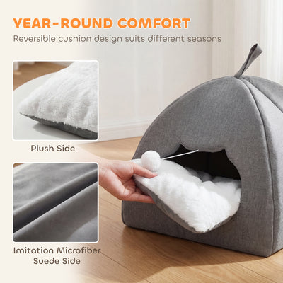 PawHut Cat Cave Bed for Indoor Kittens, Cat House with Removable Cushion and Teaser Ball, Kitty Igloo with Anti-Slip Base, 42 x 42 x 39 cm, Grey 