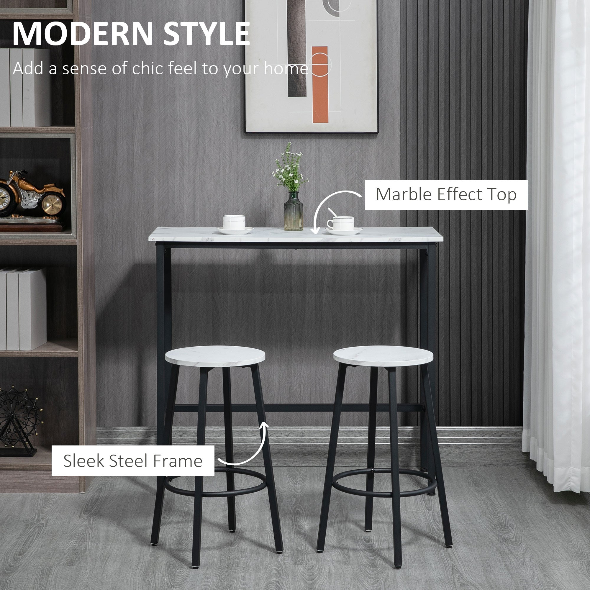 HOMCOM Three-Piece Marble-Effect Bar Table Set - White/Black 