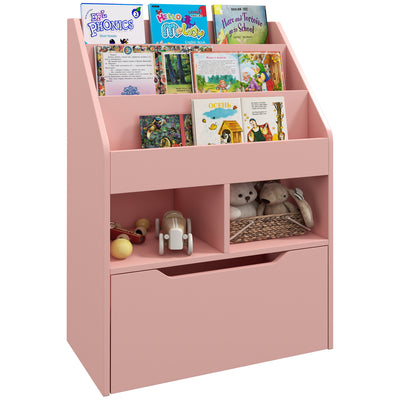 HOMCOM Kids Bookshelf, Toy Organiser, with Storage Drawer, Wheels - Pink 
