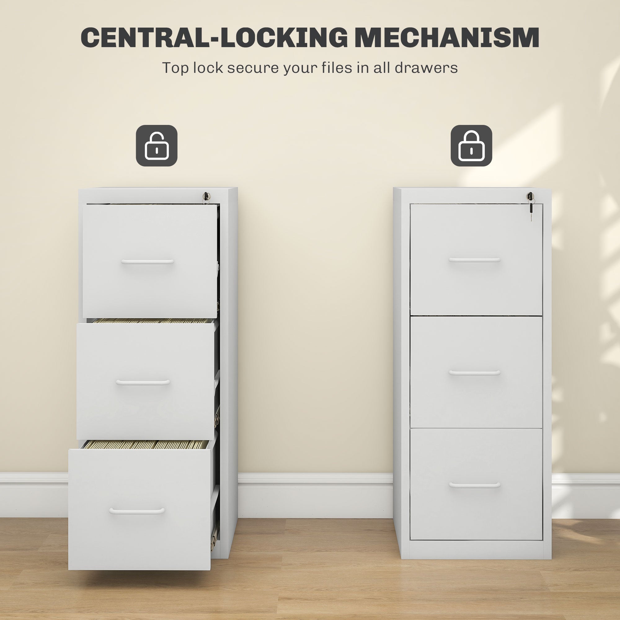 HOMCOM Three-Drawer Modern Steel Filing Cabinet - Cream 