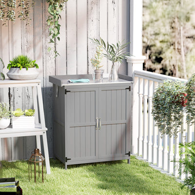 Outsunny Wooden Garden Shed, Garden Tool Storage Shed with Hinged Roof and Shelf, Outdoor Storage Cabinet with Double Doors, Grey 