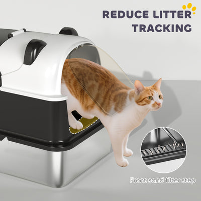 PawHut Panda Style XL Stainless Steel Cat Litter Box with Lid, Enclosed Kitty Litter Box with Scoop, 60 x 40 x 45 cm 