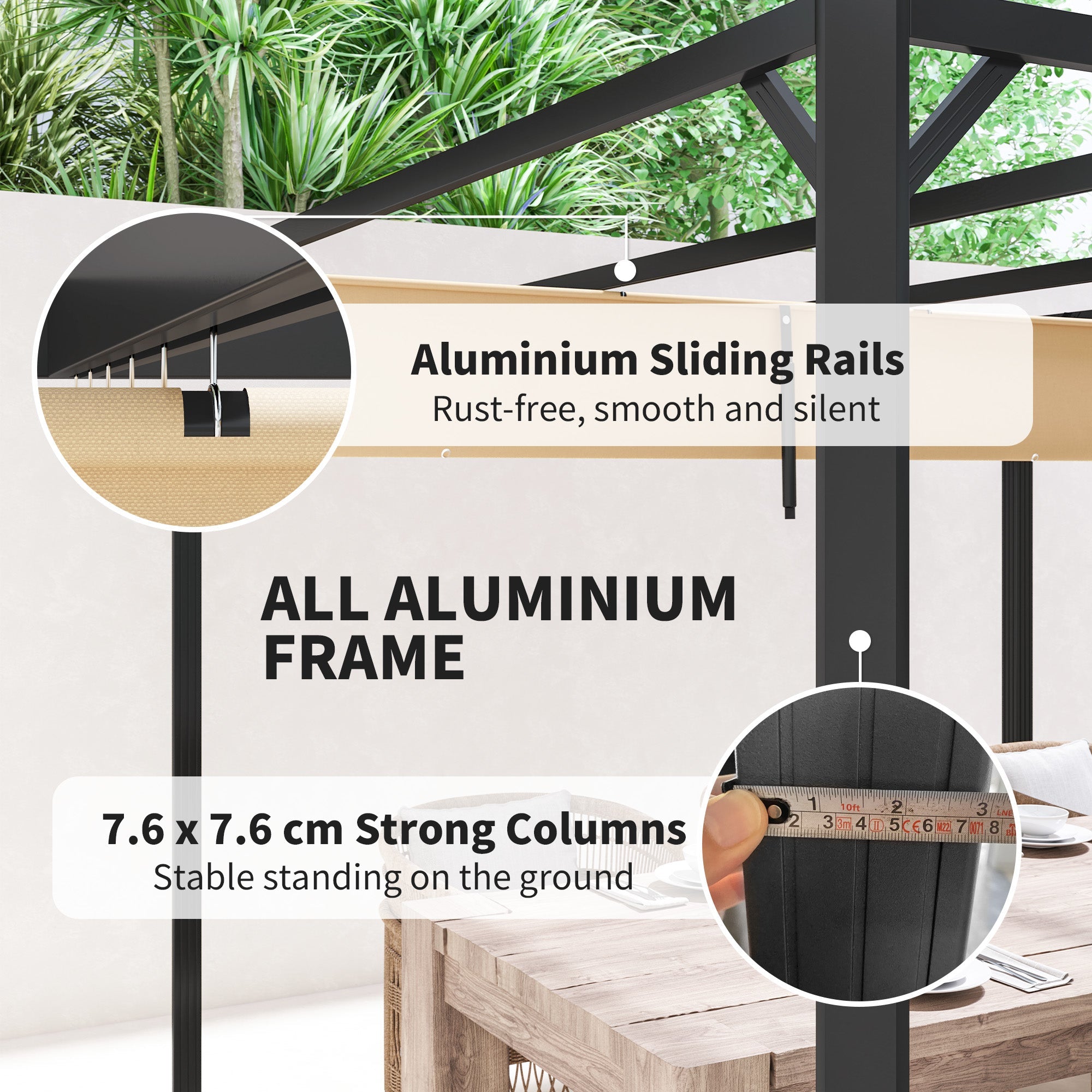 Outsunny 3 x 3m Aluminium Pergola, with Retractable Roof and Wall - Khaki 
