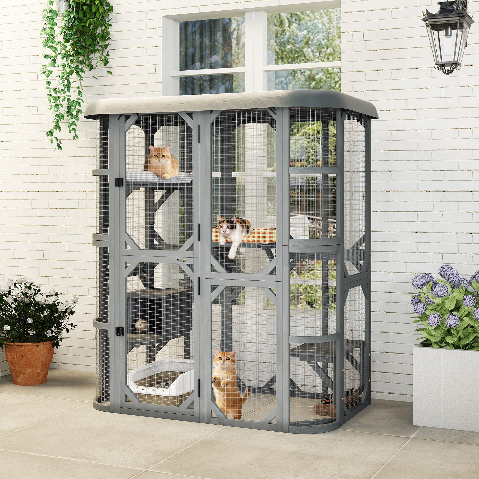 PawHut Catio Outdoor Cat Enclosure,  Wooden Cat House with Platforms, Condo and Waterproof Cover for 2–3 Kittens, Grey 