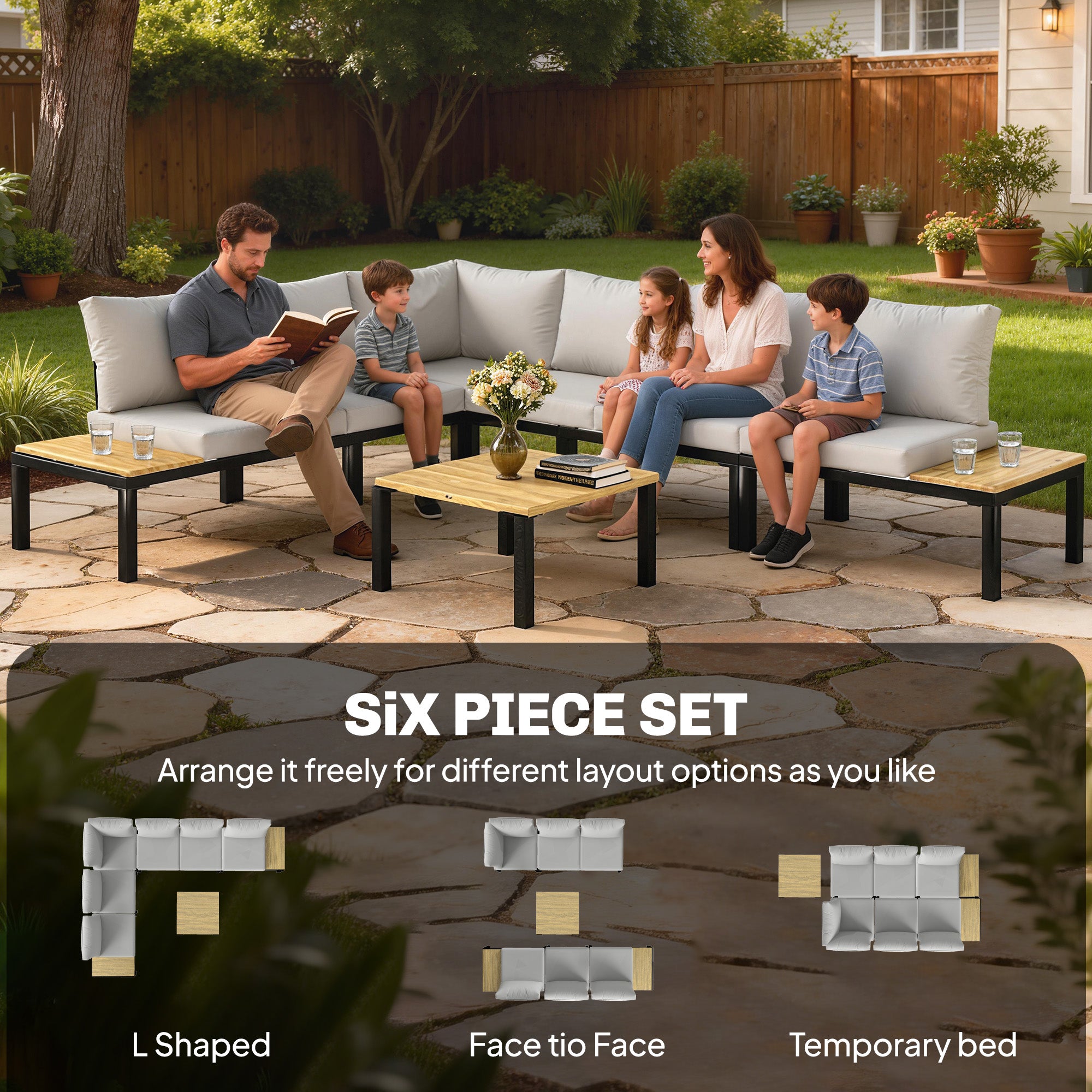 Outsunny Garden Furniture Set, 6 Piece Corner Sofa Set with Loveseat, Coffee Table, Sofa with Integrated Side Table 