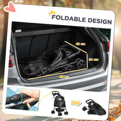 PawHut Dog Pram Dog Stroller Foldable Pet Pushchair with 4 Wheels, Safety Leashes, Cup Holder for Small Dogs, Black 