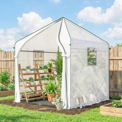 Outsunny Walk-in Greenhouse for Outdoors with Steel Frame, Large Plant House with Roll-up Door and PE Ground Cover, White 