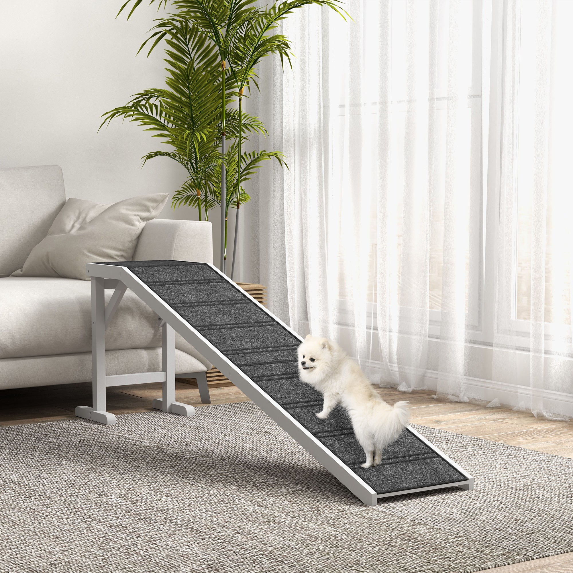 PawHut Pet Ramp for Dogs with Non-Slip Carpet and Top Platform - White & Grey 