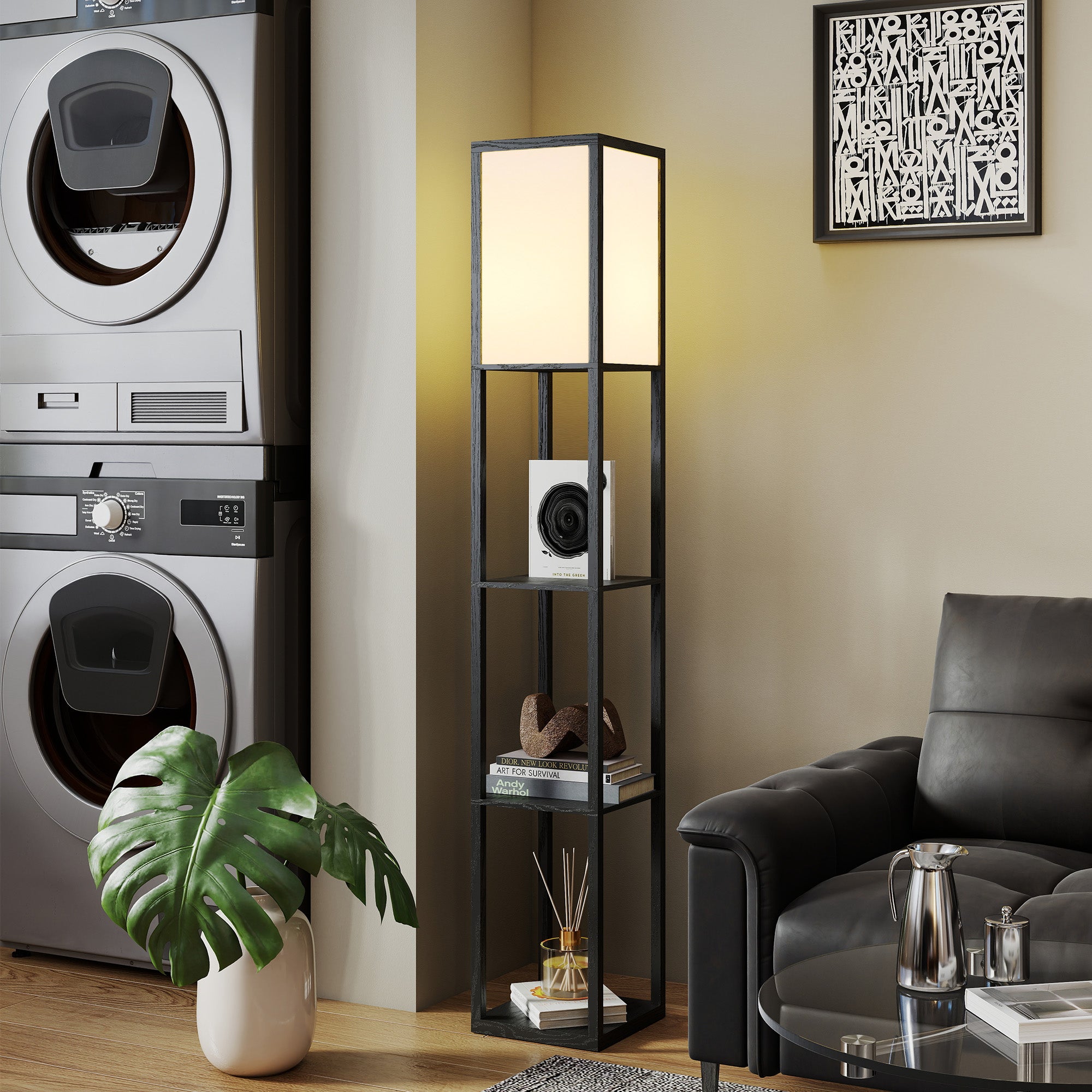 HOMCOM Floor Lamp with Shelves, 3 Layer Column Modern Standing Lamp for Living Room, Bedroom, Office, Bulb not Included, Black 