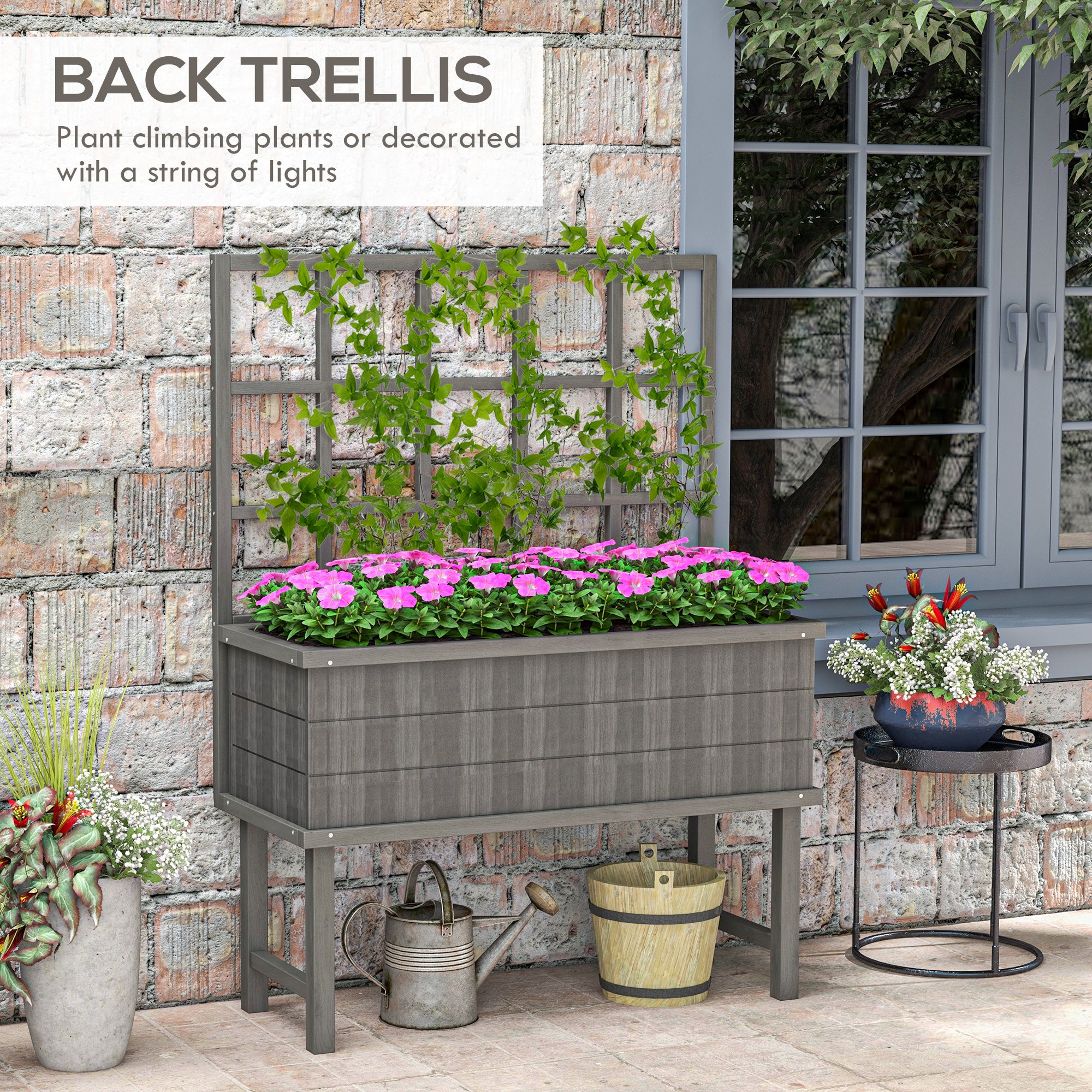Outsunny 45 x 105cm Wooden Garden Planter, with Trellis - Grey