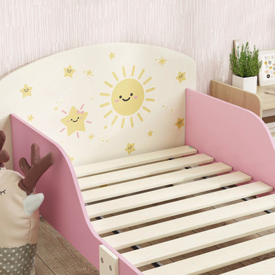 AIYAPLAY Toddler Bed with Storage, Guardrails, Sun Design, for Ages 3-8 Years, Fits 140 x 70cm Mattress, 