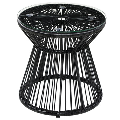 Outsunny Round End Table, Rattan Side Table, Hollow Drum Design Coffee Table w/ Glass Tabletop for Patio, Garden, Balcony Black 