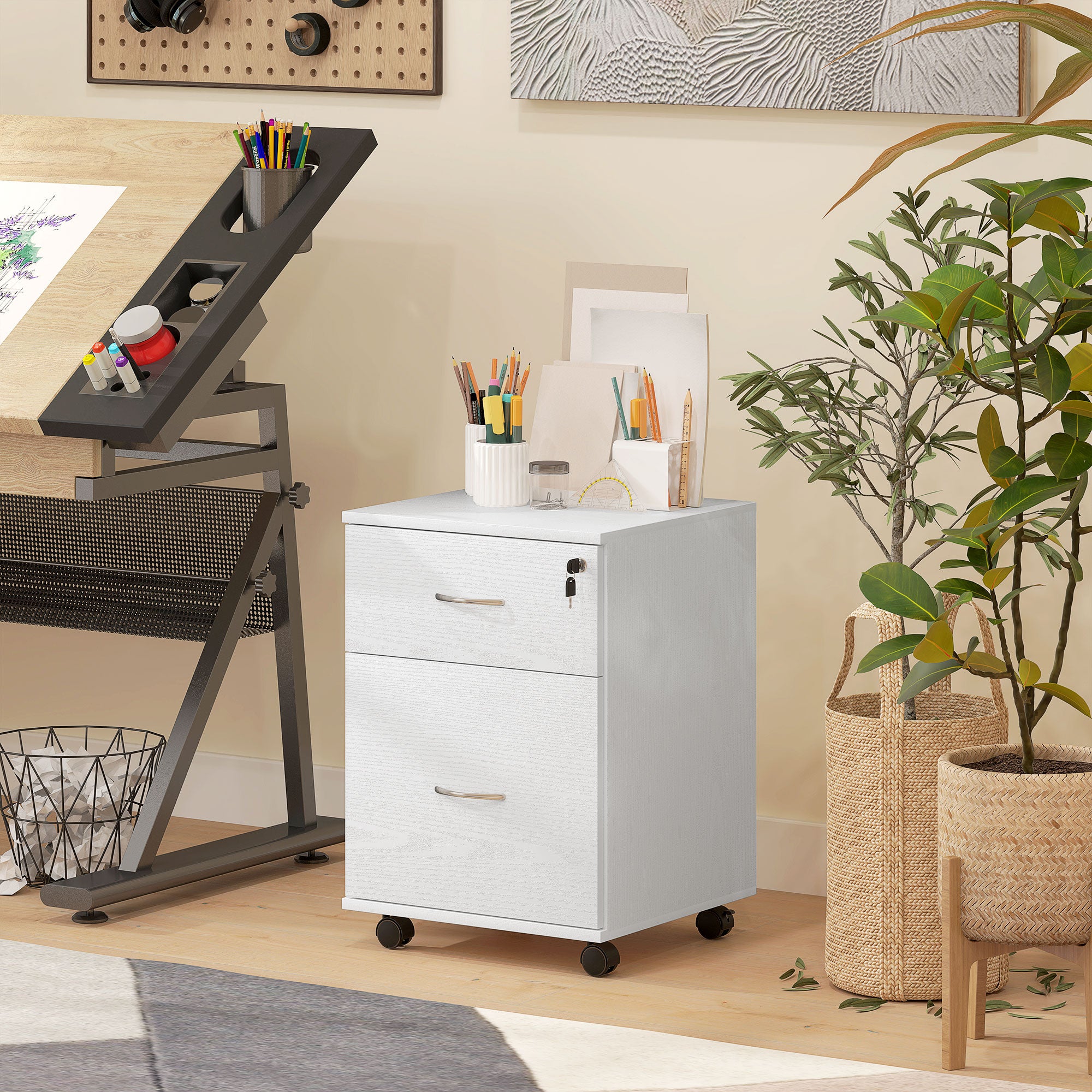 HOMCOM Two Drawer Lockable Filing Cabinet - White Wood Grain 
