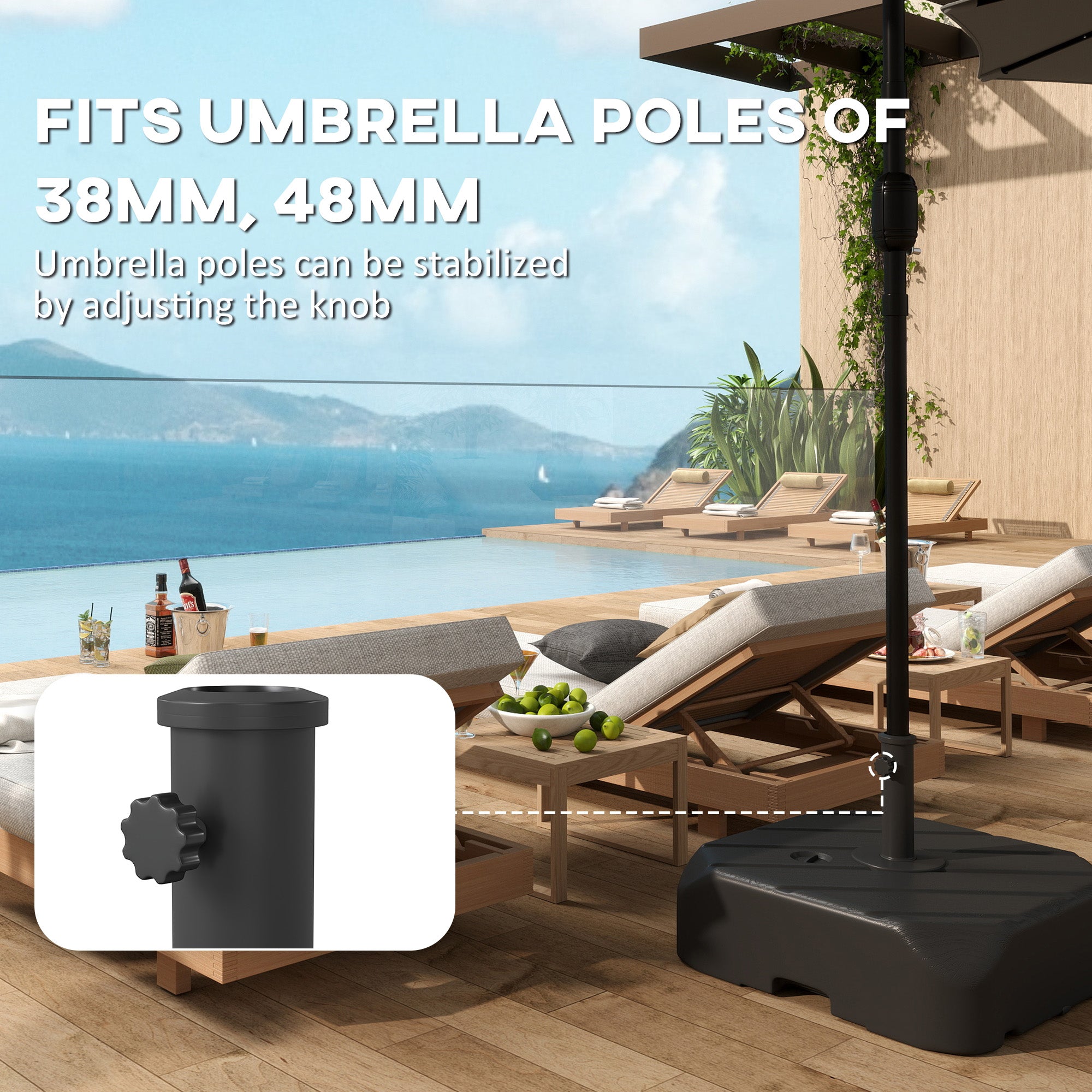 Outsunny Garden Parasol Base with Wheels, Telescopic Handle, 72 kg /45 kg Fillable Sun Umbrella Base Parasol Stand, Black 