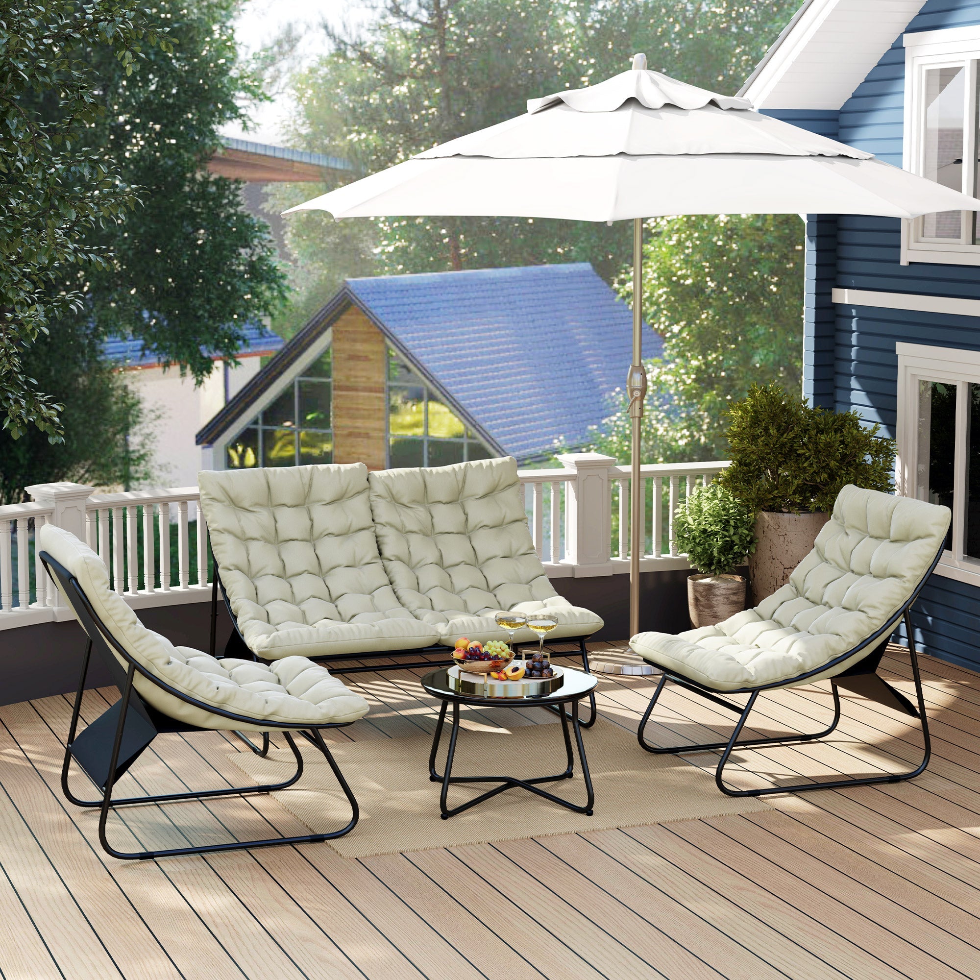 Outsunny 4 Seater Garden Furniture Set, Conversation Set with Loveseat Sofa, Chairs, Glass Coffee Table, Thick Cushions, Steel Outdoor Sofa for Balcony, Poolside, Conservatory, Light Grey 