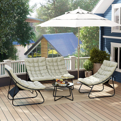 Outsunny 4 Seater Garden Furniture Set, Conversation Set with Loveseat Sofa, Chairs, Glass Coffee Table, Thick Cushions, Steel Outdoor Sofa for Balcony, Poolside, Conservatory, Light Grey 