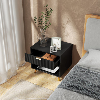 HOMCOM Elegant Bedside Table Set of 2, with Drawer and Shelf - Black/Gold Tone