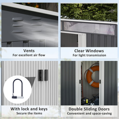 Outsunny 6.5 x 4FT Galvanised Metal Shed with Foundation Kit, Lockable Tool Garden Shed with Double Sliding Doors, Vents, Grey 