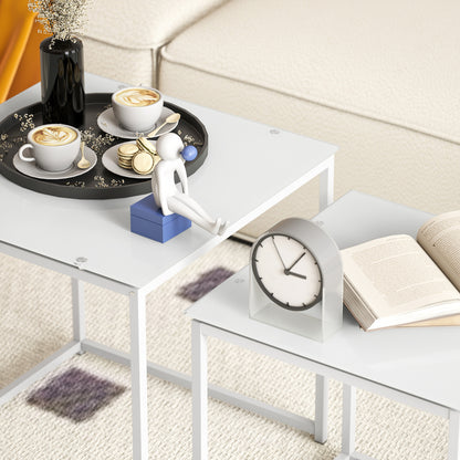 HOMCOM Nest of Tables, Set of 2 Coffee Table, Side Tables with Tempered Glass Desktop and Metal Frame for Living Room, Bedroom, Office, White