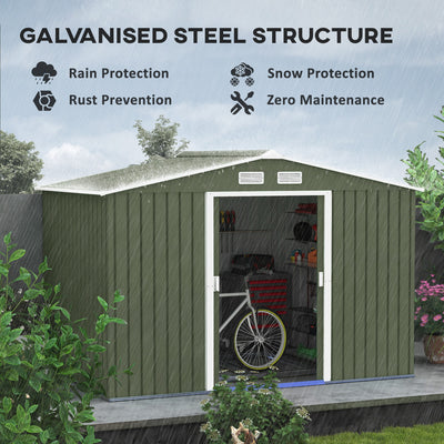 Outsunny 9 x 6ft Metal Garden Shed, Outdoor Storage Tool House with Ventilation Slots, Foundation Kit and Lockable Double Doors, Light Green 