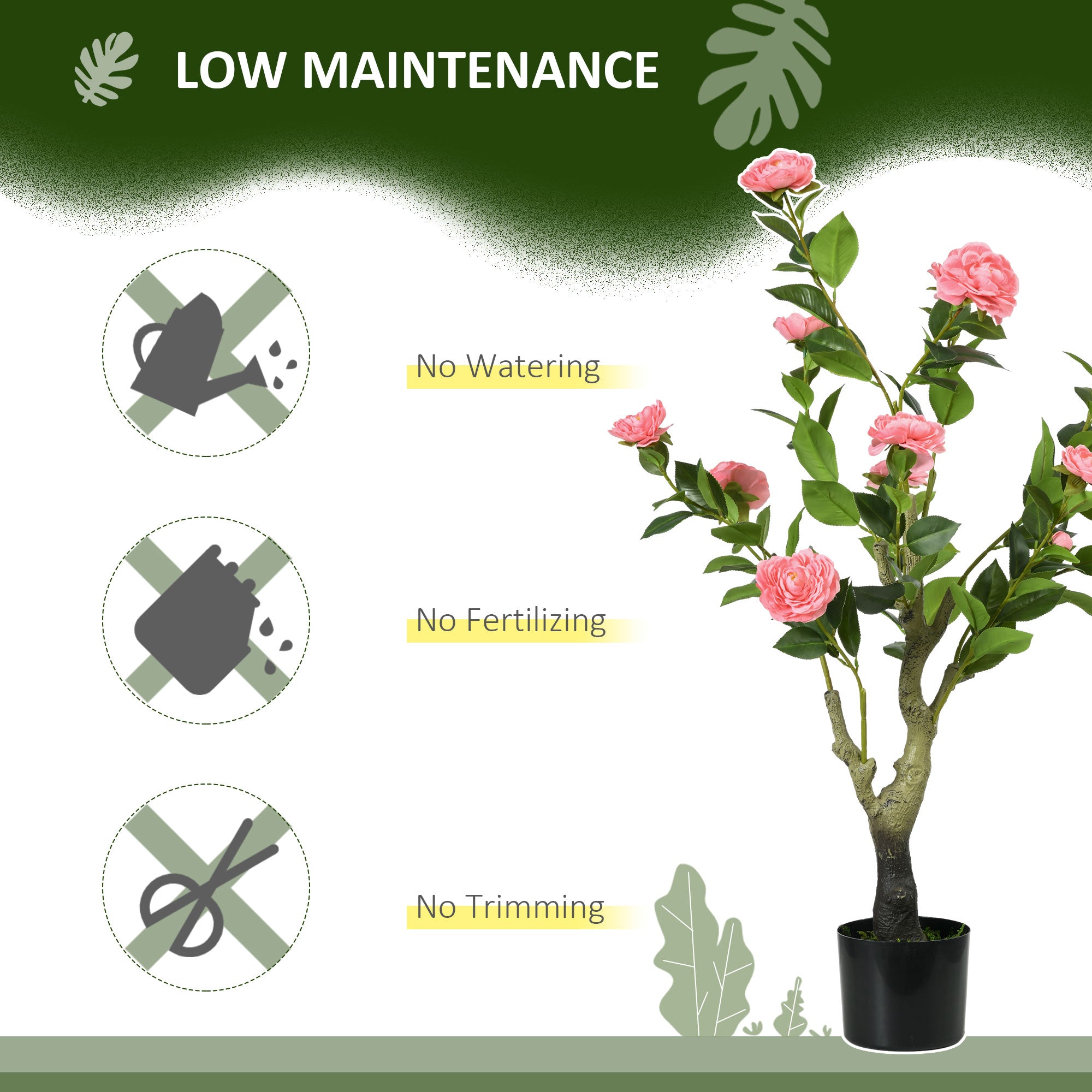 HOMCOM 2 Pieces Decorative Artificial Plants Camellia Flower with Pot, Fake Plant for Home Indoor Outdoor Decor, 95cm, Pink 