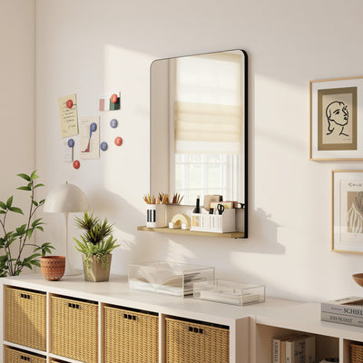 HOMCOM Wall Mirror with Wood Shelf - Black 