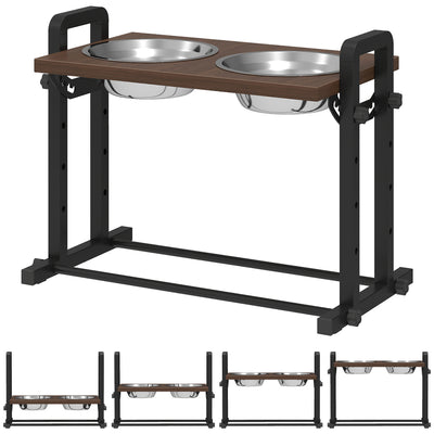 PawHut Raised Dog Bowls with Stand, 4 Heights Adjustable Pet Feeder with 3 Adjustable Angles for Small, Medium & Large Breeds, Brown 