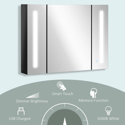 kleankin LED Bathroom Cabinet with Mirror, Wall Mounted Dimmable Brightness Storage Organiser with 3 Mirrored Doors and Adjustable Shelves, Memory Function, USB Charge, High Gloss Black 