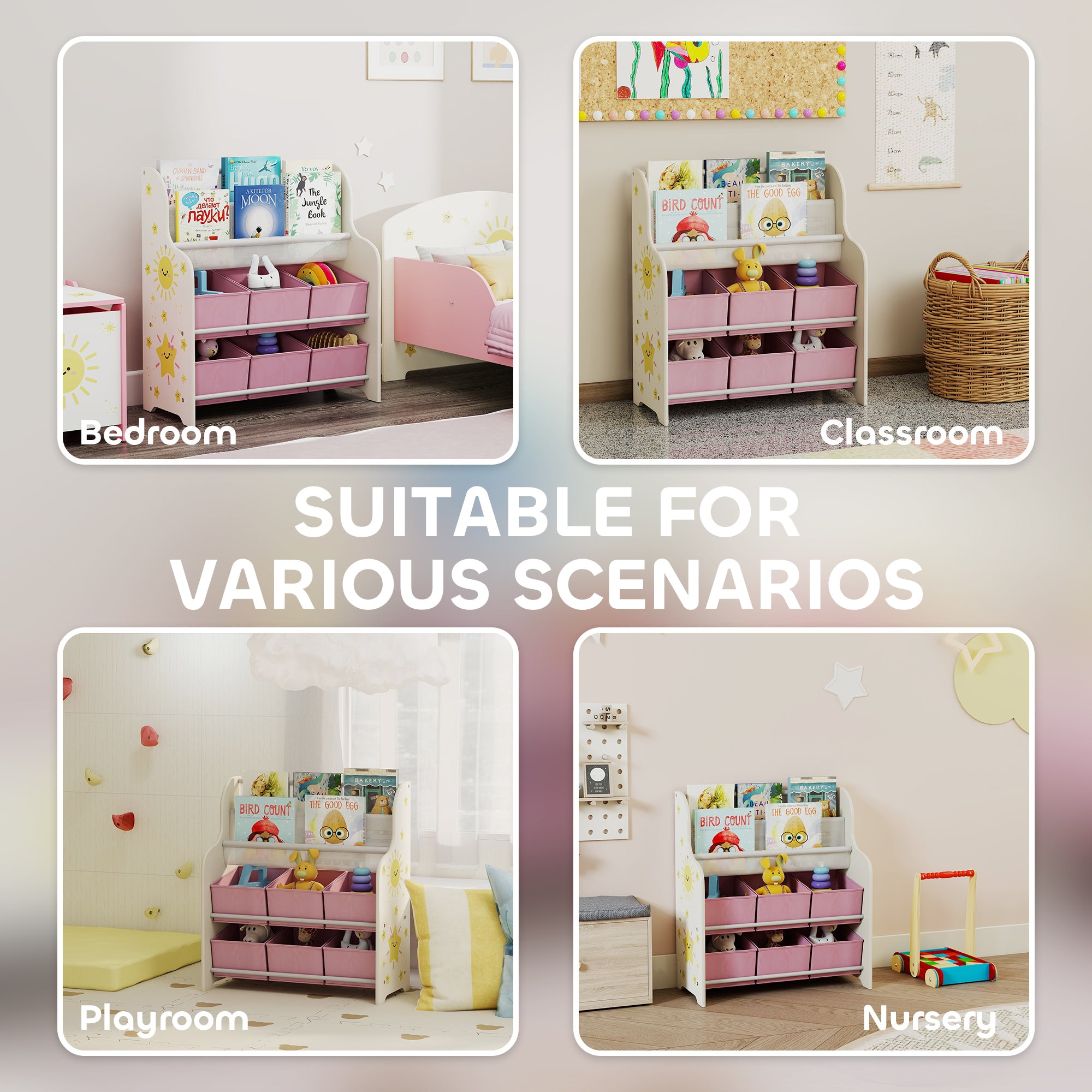 AIYAPLAY Kids Storage Unit, Toy Organiser with 6 Fabric Drawers and 2-Tier Sling Book Rack for Bedroom, Playroom, Nursery, Pink 
