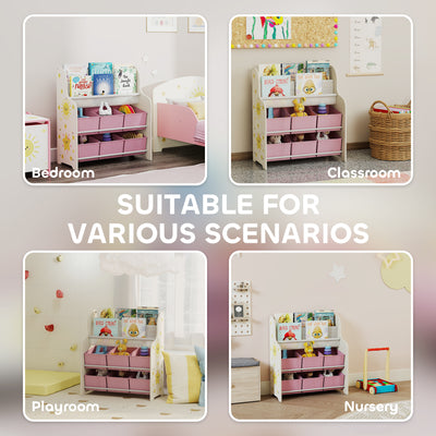 AIYAPLAY Kids Storage Unit, Toy Organiser with 6 Fabric Drawers and 2-Tier Sling Book Rack for Bedroom, Playroom, Nursery, Pink 