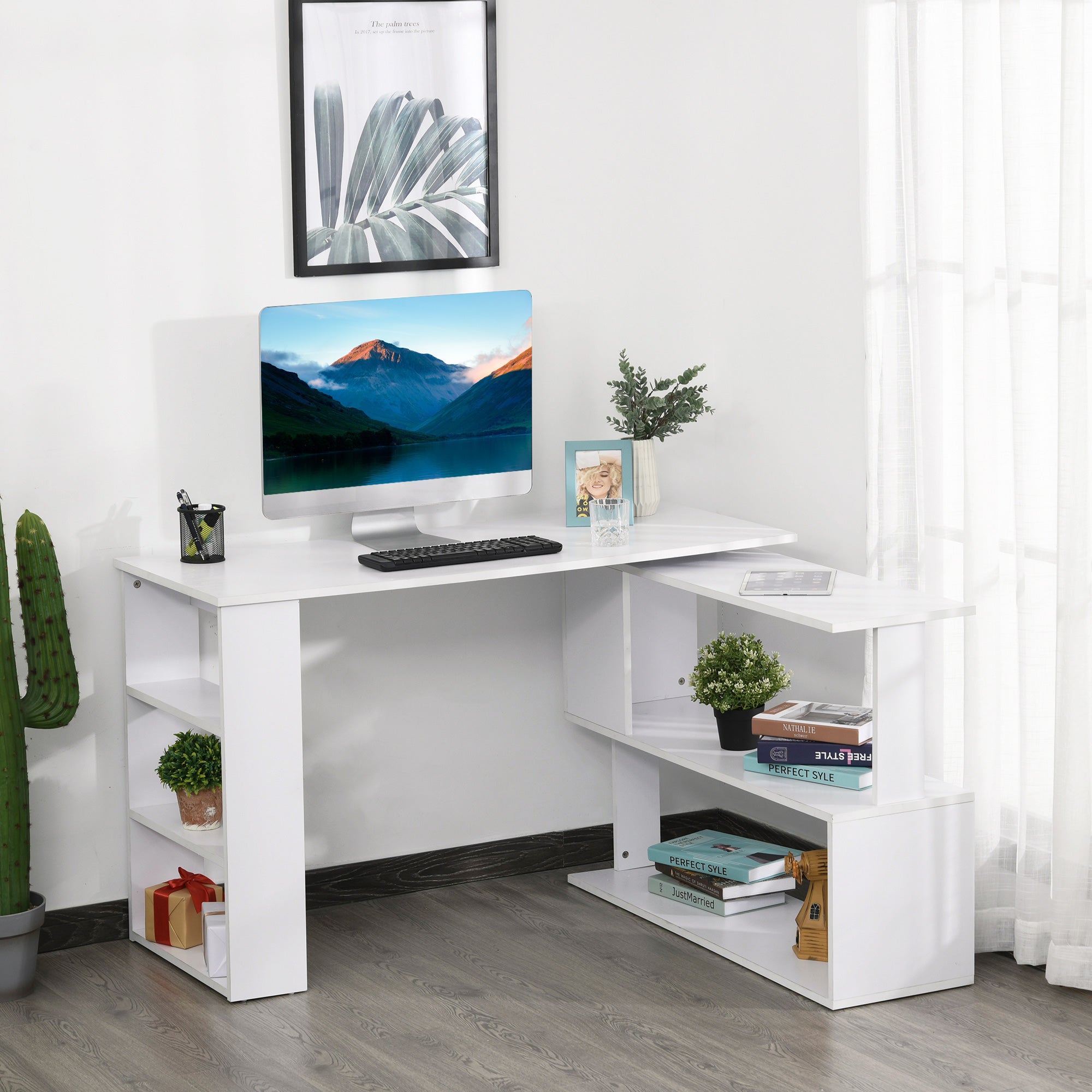 HOMCOM Corner Computer Desk, L Shaped Desk with 360° Rotating Bookshelf, 120L x 110W x 74.5H cm, White 