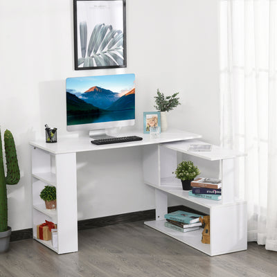 HOMCOM Corner Computer Desk, L Shaped Desk with 360° Rotating Bookshelf, 120L x 110W x 74.5H cm, White 