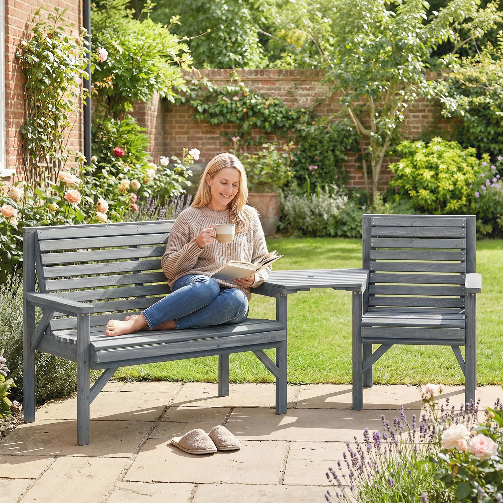 Outsunny Wooden Garden Furniture Set with Parasol Hole, 1 Chair, 1 Bench and Detachable Table, Grey Embossed Finish 