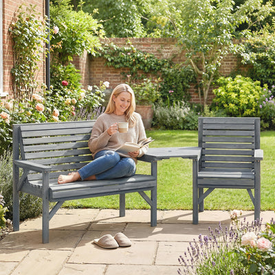 Outsunny Wooden Garden Furniture Set with Parasol Hole, 1 Chair, 1 Bench and Detachable Table, Grey Embossed Finish 