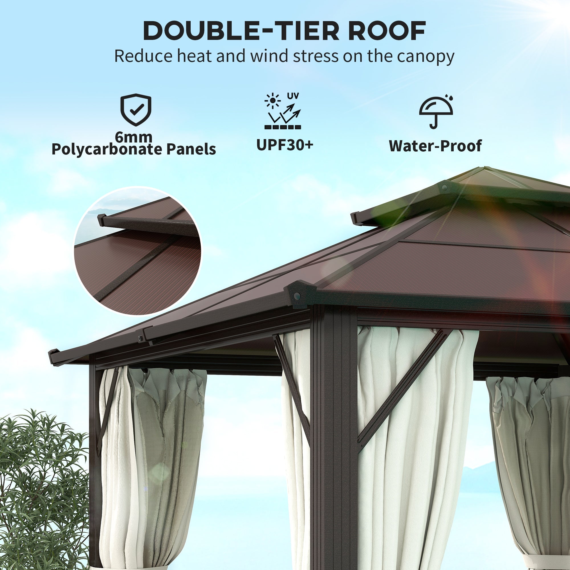 Outsunny 3 x 3(m) Hardtop Gazebo Canopy with UPF30+ Double Polycarbonate Roof, Aluminium Frame Garden Gazebo Permanent Pavilion with Mosquito Netting and Curtains for Patio, Deck, Beige 