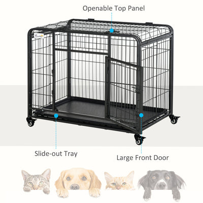 PawHut Metal Dog Cage Kennel Locking Door & Wheels Removable Tray Openable Top For Medium Pets 94 x 58 x 69.5 cm 