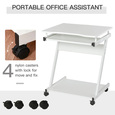 HOMCOM Movable Computer Desk with 4 Moving Wheels Sliding Keyboard Tray Home Office Workstation White 