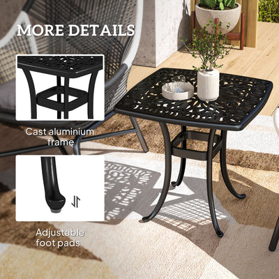 Outsunny Outdoor Garden Table with 38mm Dia. Umbrella Hole, Cast Aluminium Patio End Table with Anti-slip Foot Pads for Garden, Patio, Balcony, 54 x 54cm, Black 