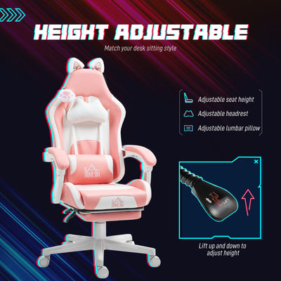 HOMCOM Cat Ear and Paw Reclining Office Chair, with Footrest - Pink/White 