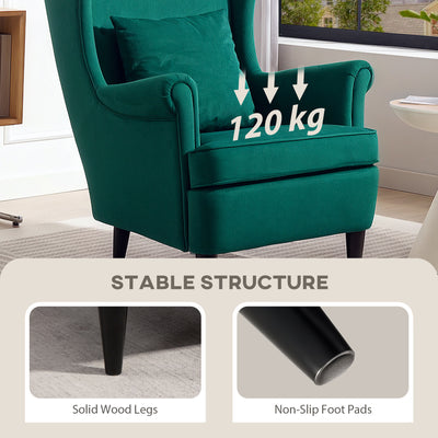 HOMCOM Modern Accent Chair, Upholstered Wingback Armchair with High Backrest and Pillow, Velvet-Feel Fabric Reading Chair with Solid Wood Legs for Living Room, Bedroom, Home Office, Dark Green 