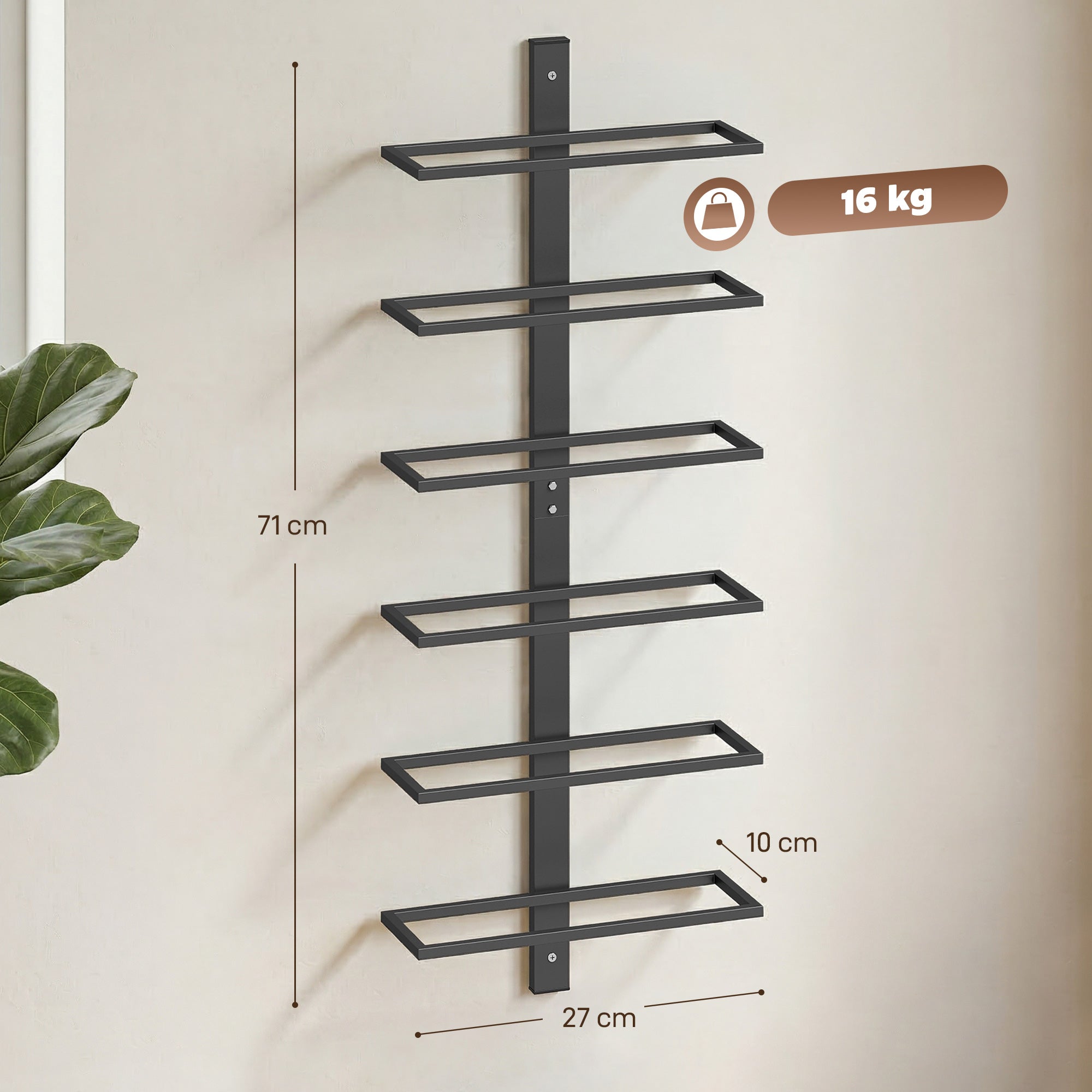 HOMCOM Wall Mounted Wine Rack, 6 Tier Metal Wine Display Rack, Storage Holder for Kitchen, Black 