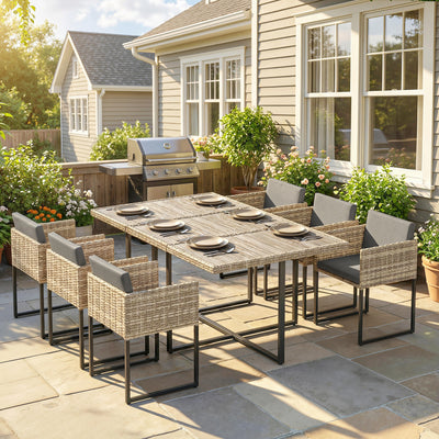 Outsunny 7 Piece Rattan Garden Furniture Set, Garden Dining Set with Wood-Plastic Table and 6 Stackable Chairs, Light Brown 