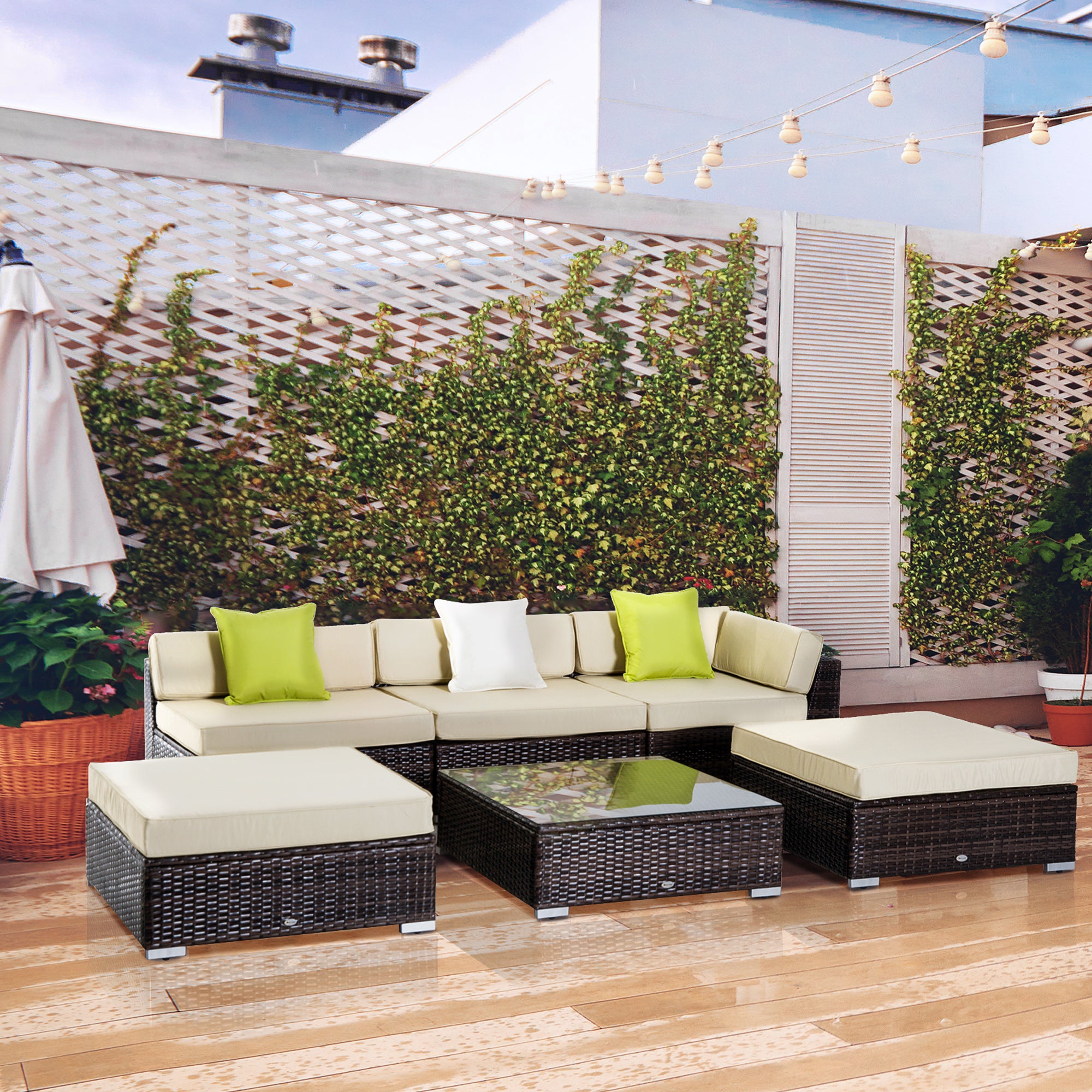 Outsunny 6 PC Rattan Sofa Coffee Table Set Sectional Wicker Weave Furniture for Garden Outdoor Conservatory w/ Pillow Cushion Brown 