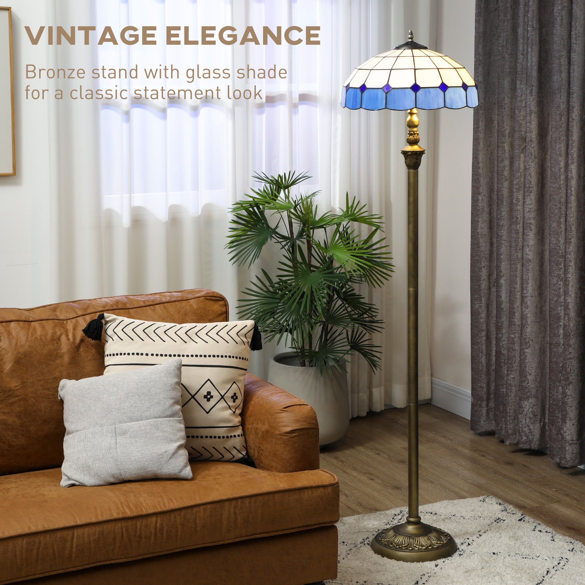 HOMCOM Tiffany-Style Floor Lamp with Handcrafted Stained Glass Shade, 152cm Tall Vintage Standing Lamp with Foot Switch and Dual Sockets for Living Room Bedroom, Bronze Tone and Blue 