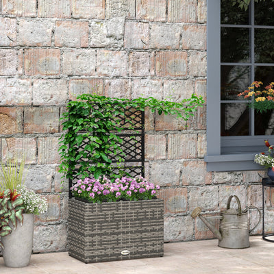 Outsunny 22L Garden PE Rattan Planter with Trellis, Free Standing Flower Raised Bed with Two Plant Boxes for Garden, Garden Planter for Climbing Plants, 57cm x 30cm x 107cm, Mixed Grey 