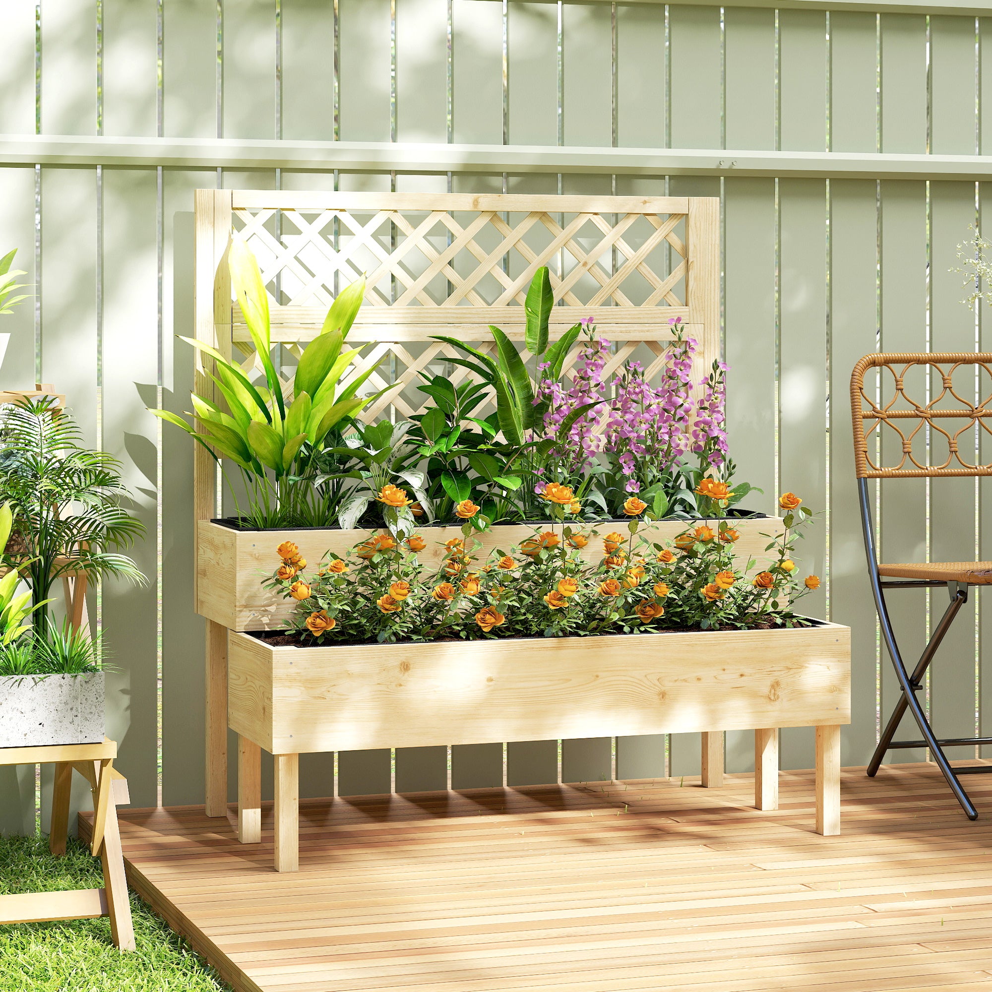 Outsunny Raised Garden Bed 2-Tier Stepped Design Planter Box with Trellis for Climbing Plants 108x62x120 cm 