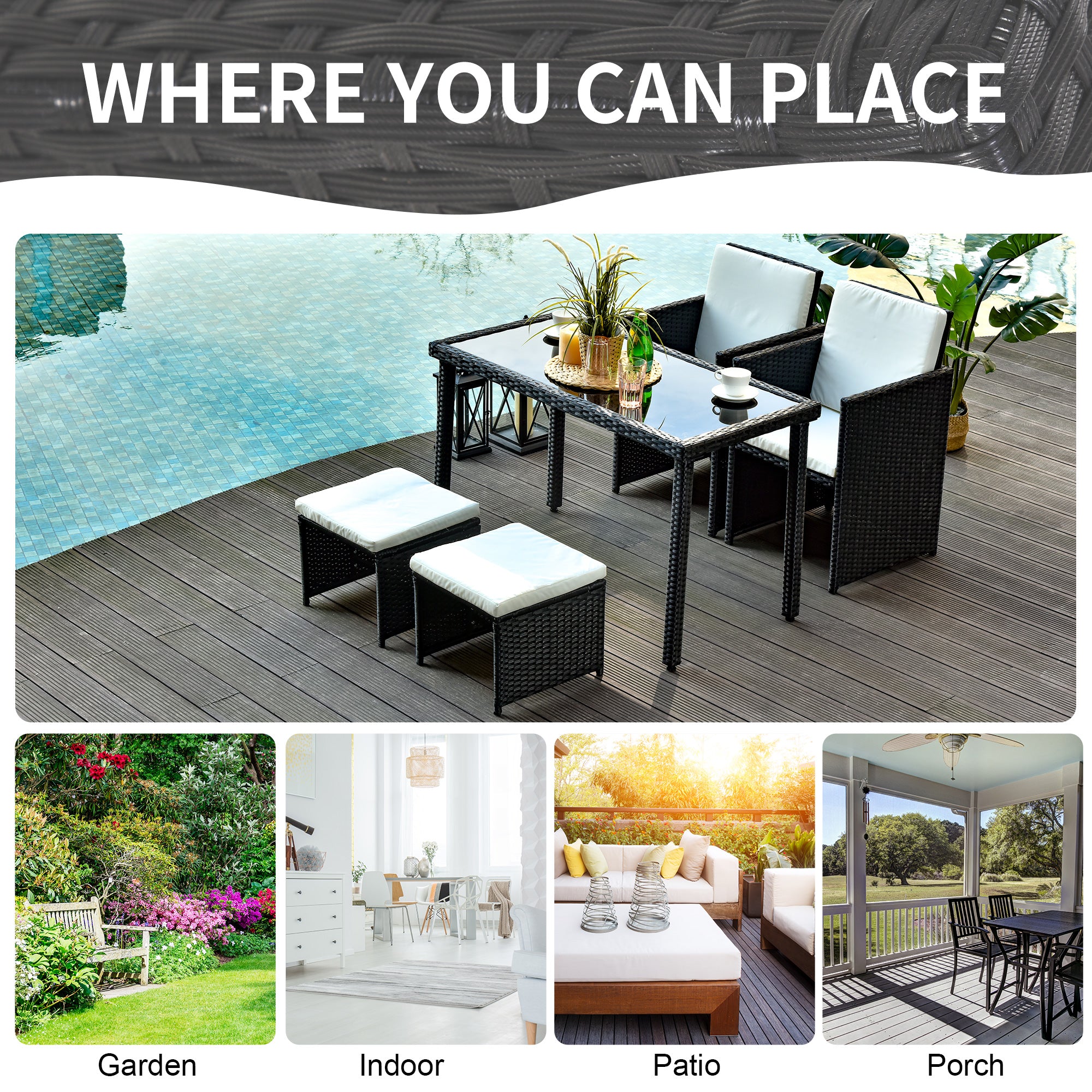 Outsunny 2 Seater Rattan Cube Garden Furniture Set, Rattan Dining Set with Cushions, Outdoor Dining Table and Chairs with 2 Armchairs, 2 Stools, Rectangular Glass Top Table for Patio, Balcony, Black 