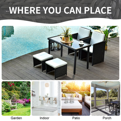 Outsunny 2 Seater Rattan Cube Garden Furniture Set, Rattan Dining Set with Cushions, Outdoor Dining Table and Chairs with 2 Armchairs, 2 Stools, Rectangular Glass Top Table for Patio, Balcony, Black 